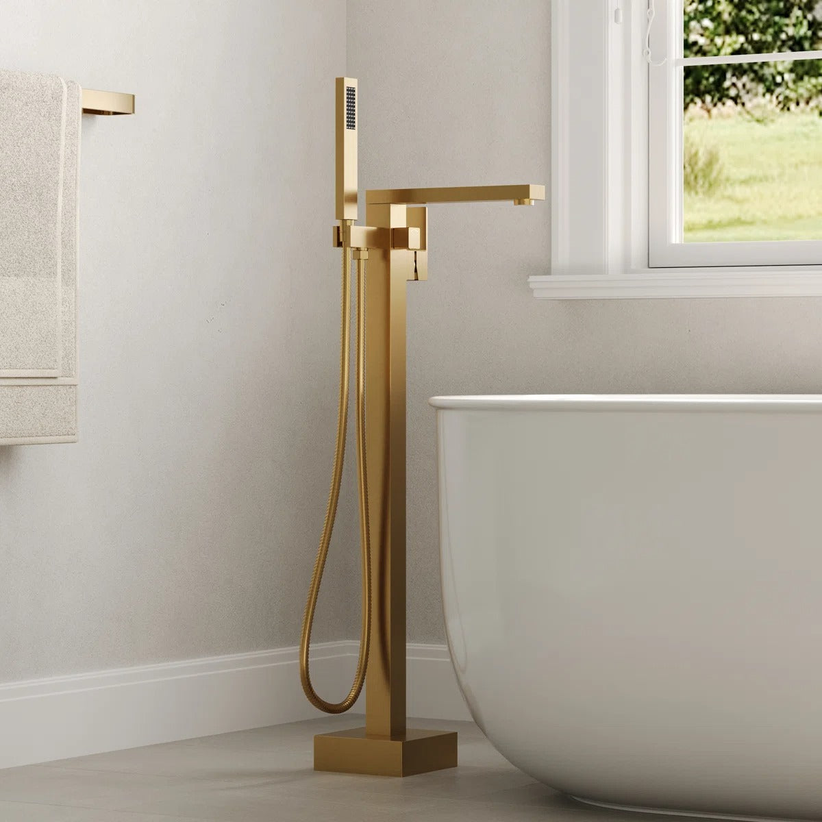 Freestanding Bathtub Faucet with 360° Swivel Spout, Single Handle Tub Filler With Hand Shower, Modern Gold Floor-Mount Tub Faucet Set with Valve