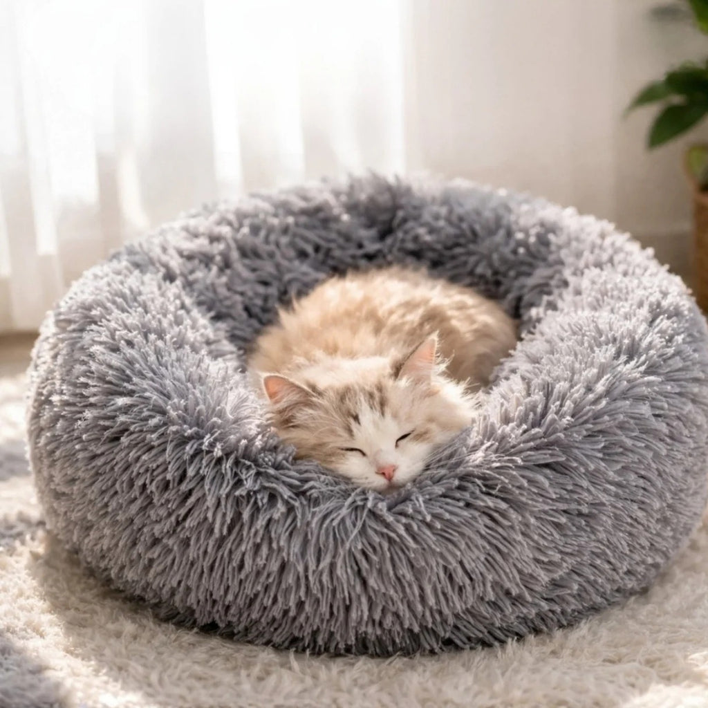 Donut Dog and Cat Bed - Soft Plush Pet Bed for Calming Sleep